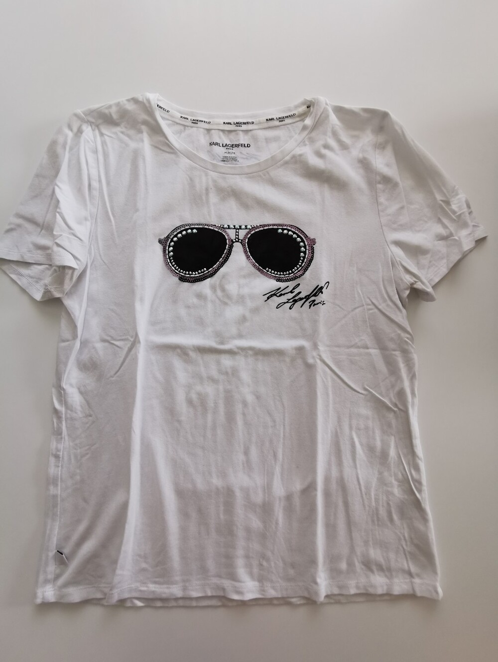 Karl Lagerfeld White Tee Shirt with Embellished Rhinestone Sunglasses Graphic